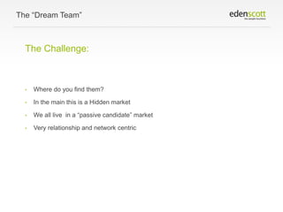 The “Dream Team”

The Challenge:

•

Where do you find them?

•

In the main this is a Hidden market

•

We all live in a “passive candidate” market

•

Very relationship and network centric

 