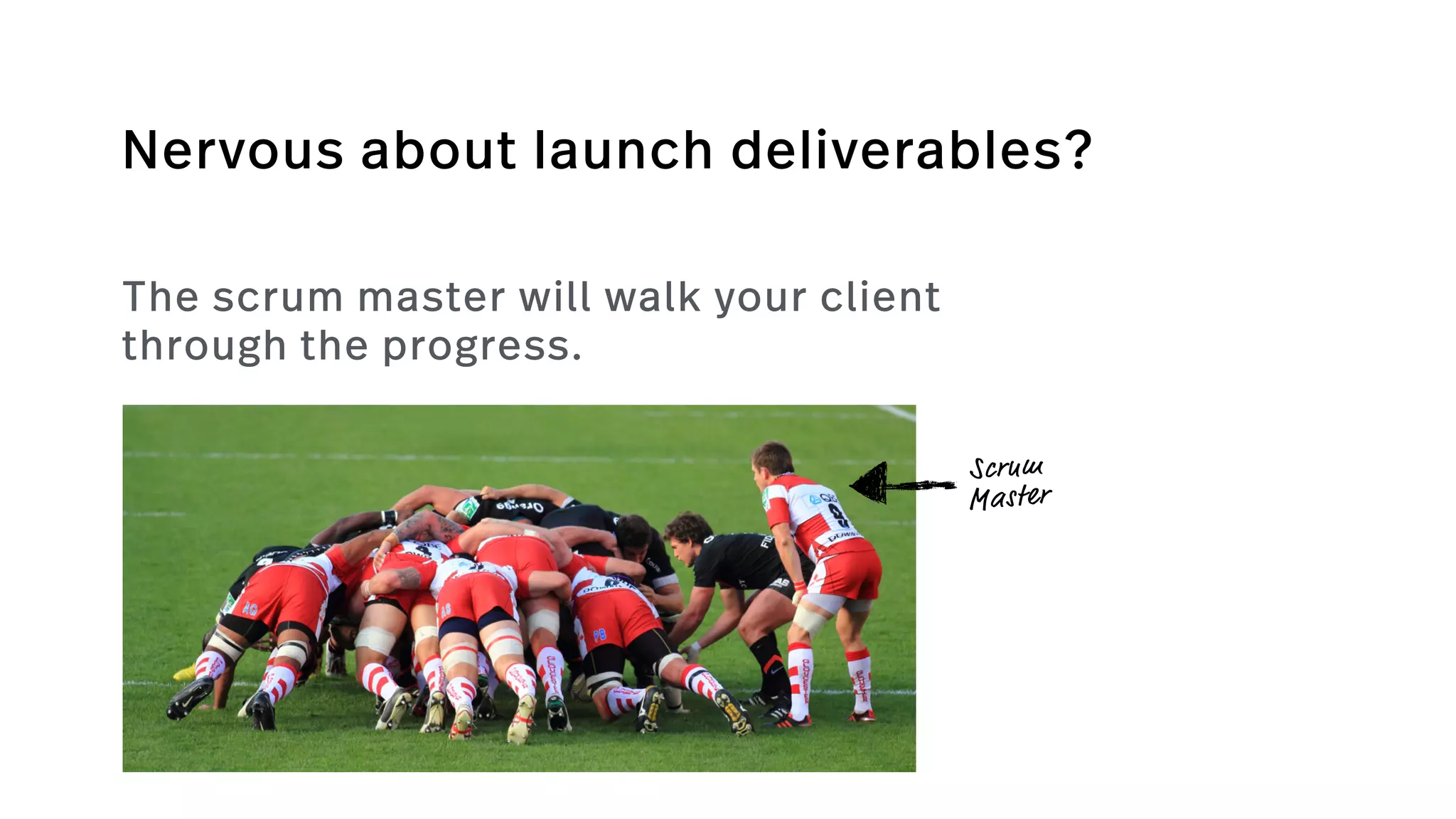 Nervous about launch deliverables?
The scrum master will walk your client
through the progress.
Scrum
Master
 