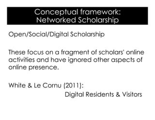 Open/Social/Digital Scholarship
These focus on a fragment of scholars' online
activities and have ignored other aspects of
online presence.
White & Le Cornu (2011):
Digital Residents & Visitors
Conceptual framework:
Networked Scholarship
 