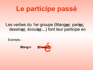 Le participe passé Les verbes du 1er groupe (Mang er , parl er ,  dessin er , écout er … ) font leur participe en é Exemple.- Mang er  (Comer) é  (Comido) 