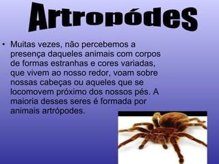Muitas vezes, não percebemos a presença daqueles animais com corpos de formas estranhas e cores variadas, que vivem ao nosso redor, voam sobre nossas cabeças ou aqueles que se locomovem próximo dos nossos pés. A maioria desses seres é formada por animais artrópodes. Artropódes 