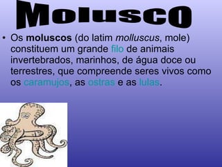 Os  moluscos  (do latim  molluscus , mole) constituem um grande  filo  de animais invertebrados, marinhos, de água doce ou terrestres, que compreende seres vivos como os  caramujos , as  ostras  e as  lulas . Molusco 