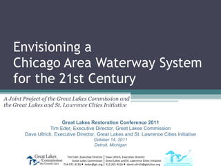 Envisioning a Chicago Area Waterway System for the 21st Century A Joint Project of the Great Lakes Commission and the Great Lakes and St. Lawrence Cities Initiative Great Lakes Restoration Conference 2011 Tim Eder, Executive Director, Great Lakes Commission Dave Ullrich, Executive Director, Great Lakes and St. Lawrence Cities Initiative October 14, 2011 Detroit, Michigan 