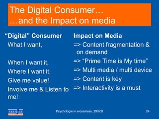 The Digital Consumer… …and the Impact on media “ Digital” Consumer What I want,  When I want it,  Where I want it, Give me value! Involve me & Listen to me! Impact on Media => Content fragmentation & on demand => “Prime Time is My time” => Multi media / multi device => Content is key => Interactivity is a must 