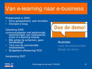 Van e-learning naar e-business Problematiek in 2005: Eens geregistreerd, zeer tevreden Drempel is hoog Oplossing 2006:  communicatieplan met testimonials, beschrijvingen van meerwaarde, tonen in e-learning module Blik achter de schermen, geen handleiding!! Tool voor de commerciële medewerkers Budgettaire afbakening! ROI! Aanpassing 2007 Illustratie: Lees de  testimonials Bekijk de demo 
