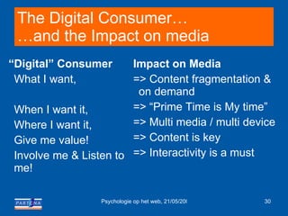 The Digital Consumer… …and the Impact on media “ Digital” Consumer What I want,  When I want it,  Where I want it, Give me value! Involve me & Listen to me! Impact on Media => Content fragmentation & on demand => “Prime Time is My time” => Multi media / multi device => Content is key => Interactivity is a must 