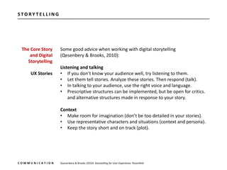 The Core Story
and Digital 
Storytelling
UX Stories
C O M M U N I C A T I O N
Some good advice when working with digital s...