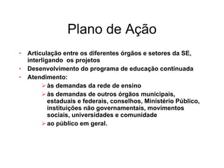 Plano de Ação Articulação entre os diferentes órgãos e setores da SE, interligando  os projetos Desenvolvimento do programa de educação continuada Atendimento: às demandas da rede de ensino às demandas de outros órgãos municipais, estaduais e federais, conselhos, Ministério Público, instituições não governamentais, movimentos sociais, universidades e comunidade ao público em geral. 
