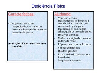 Deficiência Física Características: - Comprometimento ou incapacidade, que limita ou impede o desempenho motor de determinada pessoa. Avaliação : Especialistas da área da saúde. Ajudando: Verificar se toma medicamentos, os horários e quando vai ao banheiro , se necessita de ajuda para locomoção ou não, se tem crises, quais os procedimentos. Observar a postura; Mudar  a posição da pessoa na cadeira de rodas; Réguas e marcadores de linhas; Cartões com fendas; Quadros grandes; Fixar a folha do caderno com fita adesiva Máquina de escrever. 