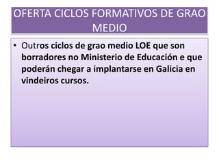 OFERTA CICLOS FORMATIVOS DE GRAO MEDIOArtes e artesanías:--------Artes Gráficas:CM Impresión en artes gráficas.CM Preimpresión en artes gráficas.Comercio e Marketing:CM Comercio.Edificación e Obra Civil:CM Acabados de construción.M2 Cubrición de edificios: lousas