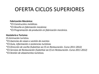 OFERTA CICLOS FORMATIVOS DE GRAO MEDIOServizossocioculturais e á comunidade:CM Atención sociosanitaria.Téxtil, confección e pel:*CM Confección e moda.Transporte e mantemento de vehículos:*CM Electromecánica de vehículos automóbiles. (Substitúe a electrom. de vehículos  no curso 2011-2012)*CM Carrozaría.