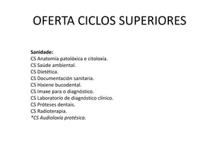 OFERTA CICLOS FORMATIVOS DE GRAO MEDIOMarítimo pesqueiras:* CM Navegación e pesca de litoral (SubstitúeMergullo a media profundidade).*CM en Operacións subacuáticas e hiperbáricas.(SubstitúeMergullo a media profundidade).*CM en Cultivos acuícolas (Substitúe a Operacións de cultivo acuícola).Servizossocioculturais e á comunidade:* CM en atención a persoas en situación de dependencia (Substitúe Atención sociosanitaria).Transporte e mantemento de vehículos:*CM en mantemento de material rodante ferroviario. (sería novo en Galicia.).