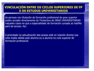 OFERTA CICLOS SUPERIORES.Actividades Físicas e Deportivas:CS Animación de actividades físicas e deportivasAdministración e xestión:CS Administración e finanzas.CS SecretariadoAgraria:CS Xestión e organización de empresas agropecuarias.CS Xestión e organización dos recursos naturais e paisaxísticosArtes Gráficas:CS Deseño e produción editorial.CS Produción en industrias de artes gráficas.Comercio e Marketing:CS Comercio internacional.CS Xestión comercial e márketing.CS Xestión do transporte.