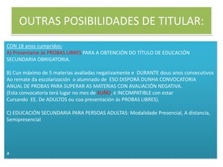 OUTRAS POSIBILIDADES DE TITULAR:CON 18 anos cumpridos:A) Presentarse ás PROBAS LIBRES PARA A OBTENCIÓN DO TÍTULO DE EDUCACIÓN SECUNDARIA OBRIGATORIA.B) Cun máximo de 5 materias avaliadas negativamente e  DURANTE dous anos consecutivosAo remate da escolarización  o alumnado de  ESO DISPORÁ DUNHA CONVOCATORIA ANUAL DE PROBAS PARA SUPERAR AS MATERIAS CON AVALIACIÓN NEGATIVA. (Esta convocatoria terá lugar no mes de XUÑO, é INCOMPATIBLE con estar Cursando  EE. De ADULTOS ou coa presentación ás PROBAS LIBRES).C) EDUCACIÓN SECUNDARIA PARA PERSOAS ADULTAS: Modalidade Presencial, A distancia, Semipresenciala