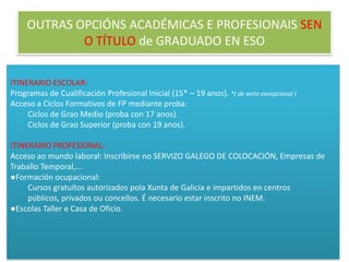 OUTRAS OPCIÓNS ACADÉMICAS E PROFESIONAIS SENO TÍTULO de GRADUADO EN ESOITINERARIO ESCOLAR:Programas de Cualificación Profesional Inicial (15* – 19 anos). *( de xeito excepcional )Acceso a Ciclos Formativos de FP mediante proba:Ciclos de Grao Medio (proba con 17 anos).Ciclos de Grao Superior (proba con 19 anos).ITINERARIO PROFESIONAL:Acceso ao mundo laboral: Inscribirse no SERVIZO GALEGO DE COLOCACIÓN, Empresas de Traballo Temporal,...●Formación ocupacional:Cursos gratuítos autorizados pola Xunta de Galicia e impartidos en centros públicos, privados ouconcellos. É necesario estar inscrito no INEM.●Escolas Taller e Casa de Oficio.