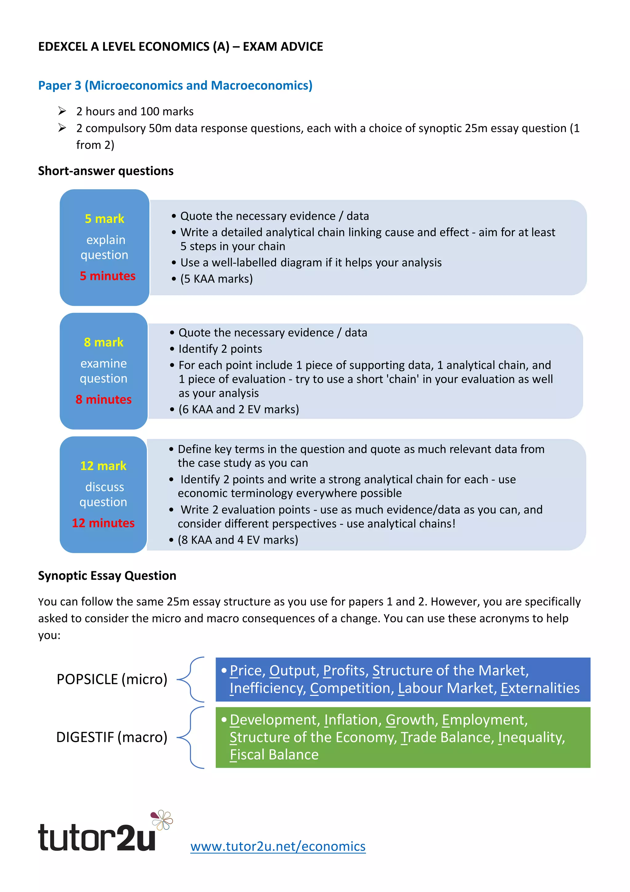 EDEXCEL	A	LEVEL	ECONOMICS	(A)	–	EXAM	ADVICE	
					www.tutor2u.net/economics	
Paper	3	(Microeconomics	and	Macroeconomics)	
Ø 2	hours	and	100	marks	
Ø 2	compulsory	50m	data	response	questions,	each	with	a	choice	of	synoptic	25m	essay	question	(1	
from	2)	
Short-answer	questions	
	
Synoptic	Essay	Question	
You	can	follow	the	same	25m	essay	structure	as	you	use	for	papers	1	and	2.	However,	you	are	specifically	
asked	to	consider	the	micro	and	macro	consequences	of	a	change.	You	can	use	these	acronyms	to	help	
you:	
	
• Quote	the	necessary	evidence	/	data
• Write	a	detailed	analytical	chain	linking	cause	and	effect	- aim	for	at	least	
5	steps	in	your	chain
• Use	a	well-labelled	diagram	if	it	helps	your	analysis
• (5	KAA	marks)
5	mark
explain	
question
5	minutes
• Quote	the	necessary	evidence	/	data
• Identify	2	points
• For	each	point	include	1	piece	of	supporting	data,	1	analytical	chain,	and	
1	piece	of	evaluation	- try	to	use	a	short	'chain'	in	your	evaluation	as	well	
as	your	analysis
• (6	KAA	and	2	EV	marks)
8	mark	
examine	
question
8	minutes
• Define	key	terms	in	the	question	and	quote	as	much	relevant	data	from	
the	case	study	as	you	can
• Identify	2	points	and	write	a	strong	analytical	chain	for	each	- use	
economic	terminology	everywhere	possible
• Write	2	evaluation	points	- use	as	much	evidence/data	as	you	can,	and	
consider	different	perspectives	- use	analytical	chains!
• (8	KAA	and	4	EV	marks)	
12	mark	
discuss	
question
12	minutes
POPSICLE	(micro)
•Price,	Output,	Profits,	Structure	of	the	Market,	
Inefficiency,	Competition,	Labour	Market,	Externalities
DIGESTIF	(macro)
•Development,	Inflation,	Growth,	Employment,	
Structure	of	the	Economy,	Trade	Balance,	Inequality,	
Fiscal	Balance
 