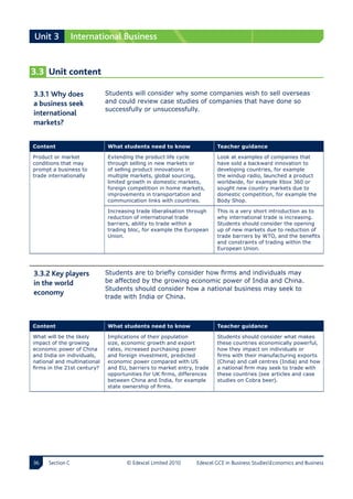 Unit 3            International Business


3.3 Unit content

3.3.1 Why does            Students will consider why some companies wish to sell overseas
a business seek           and could review case studies of companies that have done so
                             successfully or unsuccessfully.
international 
markets?


Content                      What students need to know                Teacher guidance

Product or market            Extending the product life cycle          Look at examples of companies that
conditions that may          through selling in new markets or         have sold a backward innovation to
prompt a business to         of selling product innovations in         developing countries, for example
trade internationally        multiple markets, global sourcing,        the windup radio, launched a product
                             limited growth in domestic markets,       worldwide, for example Xbox 360 or
                             foreign competition in home markets,      sought new country markets due to
                             improvements in transportation and        domestic competition, for example the
                             communication links with countries.       Body Shop.

                             Increasing trade liberalisation through   This is a very short introduction as to
                             reduction of international trade          why international trade is increasing.
                             barriers, ability to trade within a       Students should consider the opening
                             trading bloc, for example the European    up of new markets due to reduction of
                             Union.                                    trade barriers by WTO, and the benefits
                                                                       and constraints of trading within the
                                                                       European Union.




3.3.2 Key players         Students are to briefly consider how firms and individuals may
in the world              be affected by the growing economic power of India and China.
                             Students should consider how a national business may seek to
economy
                             trade with India or China.



Content                      What students need to know                Teacher guidance

What will be the likely      Implications of their population          Students should consider what makes
impact of the growing        size, economic growth and export          these countries economically powerful,
economic power of China      rates, increased purchasing power         how they impact on individuals or
and India on individuals,    and foreign investment, predicted         firms with their manufacturing exports
national and multinational   economic power compared with US           (China) and call centres (India) and how
firms in the 21st century?   and EU, barriers to market entry, trade   a national firm may seek to trade with
                             opportunities for UK firms, differences   these countries (see articles and case
                             between China and India, for example      studies on Cobra beer).
                             state ownership of firms.




    Section C                     © Edexcel Limited 2010     Edexcel GCE in Business StudiesEconomics and Business
 