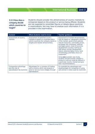 International Business                Unit 3



 3.3.3 How does a           Students should consider the attractiveness of country markets to
 company decide               companies based on the product or service being offered. Students
                                are not expected to remember figures or details about countries
 which countries to 
                                in examinations, but may have to analyse such information if it is
 target?                        provided in the examination.


 Content                         What students need to know               Teacher guidance

 Assessment of country           Assessment of potential country          Assessment of market attractiveness
 markets                         markets is based on corporate policy     may be based on: geographic proximity
                                 (which countries the company wants to    of the market, government policies,
                                 target) and market attractiveness.       natural resources, commodity prices,
                                                                          exchange rate movement, political
                                                                          and legal system, level of economic
                                                                          development (country ranking by
                                                                          GDP and/or Human Development
                                                                          Index), potential labour force, level
                                                                          of technology and likely return on
                                                                          investment.
                                                                          Using one example case study,
                                                                          students should consider whether a
                                                                          product or service could be offered in
                                                                          a particular country market and give
                                                                          their recommendations.

 Comparative advantage           Advantages for a company of trading      For example the advantages and
 and the role of                 with a country which can produce a       disadvantages for companies of using
 specialisation by countries     good or service more cheaply through     call centres in India could be examined.
                                 specialisation.




Edexcel GCE in Business StudiesEconomics and Business    © Edexcel Limited 2010                   Section C   
 