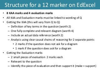 Structure for a 12 marker on EdExcel
• 8 KAA marks and 4 evaluation marks
• All KAA and Evaluation marks must be linked to wording of Q
• Getting the KAA (this will vary from Q to Q)
– Definition of key terms in the question (worth 2)
– One fully complete and relevant diagram (worth 4)
– Include an actual data reference (worth 2)
– Analysis using clear causal chains of reasoning for 2 separate points
• 2 marks if the question does not ask for a diagram
• 1 mark if the question does ask for a diagram
• Getting the Evaluation marks
– 2 small pieces of evaluation 2 marks each
– Relevant to the question
– Identify the piece of evaluation and then support it (make + support)
 