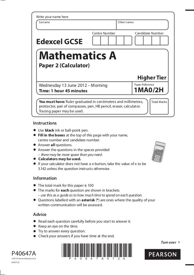 Edexcel maths hight tier 1MAO/2H