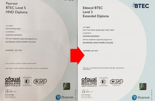 Edexcel BTEC level 3 extended diploma certificate