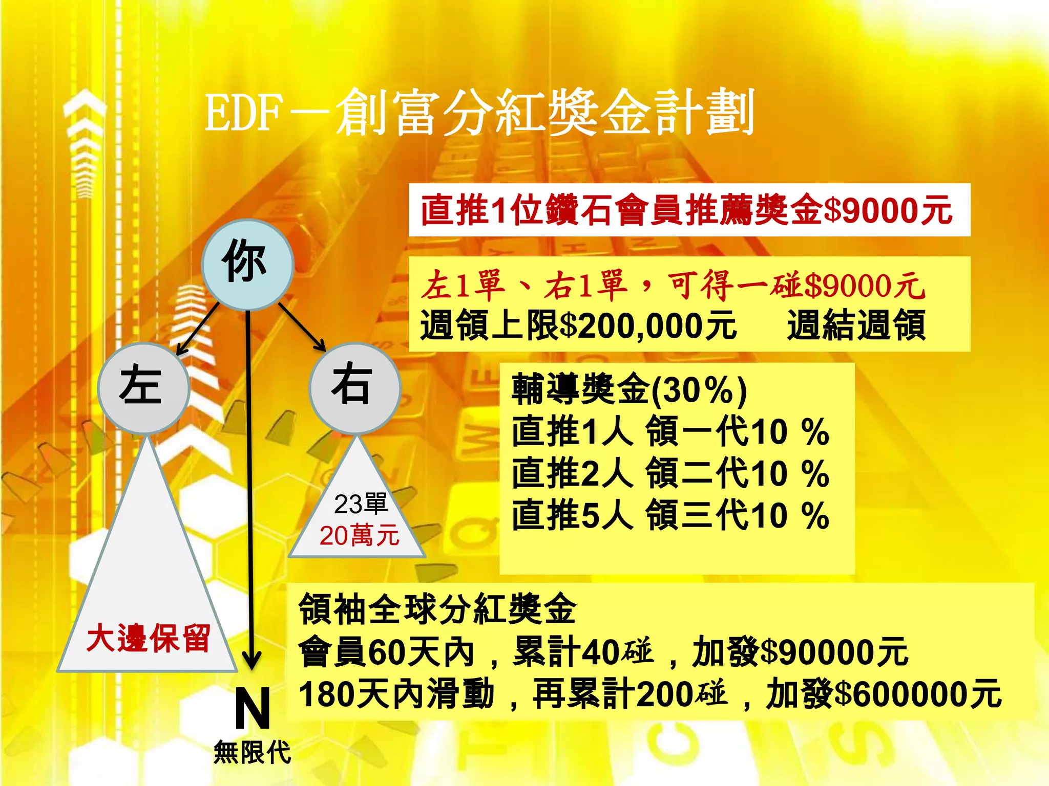 EDF－創富分紅獎金計劃
                    直推1位鑽石會員推薦獎金$9000元
       你            左1單、右1單，可得一碰$9000元
                    週領上限$200,000元 週結週領
 左            右        輔導獎金(30％)
                       直推1人 領一代10 ％
                       直推2人 領二代10 ％
              23單
             20萬元
                       直推5人 領三代10 ％

             領袖全球分紅獎金
大邊保留         會員60天內，累計40碰，加發$90000元
             180天內滑動，再累計200碰，加發$600000元
       N
       無限代
 