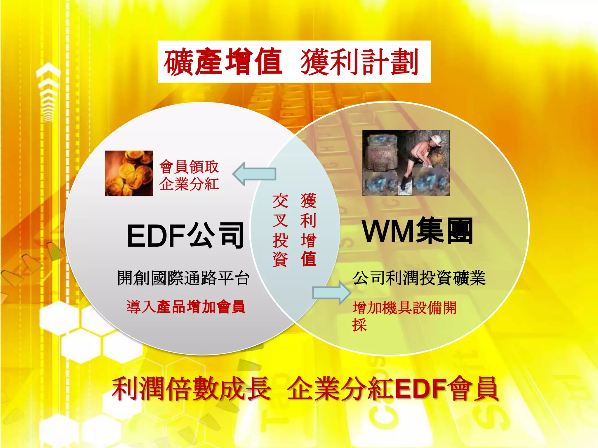 礦產增值 獲利計劃


  會員領取
  企業分紅
           交   獲

                   WM集團
           叉   利
EDF公司      投   增
           資   值
開創國際通路平台           公司利潤投資礦業
導入產品增加會員           增加機具設備開
                   採



利潤倍數成長 企業分紅EDF會員
 
