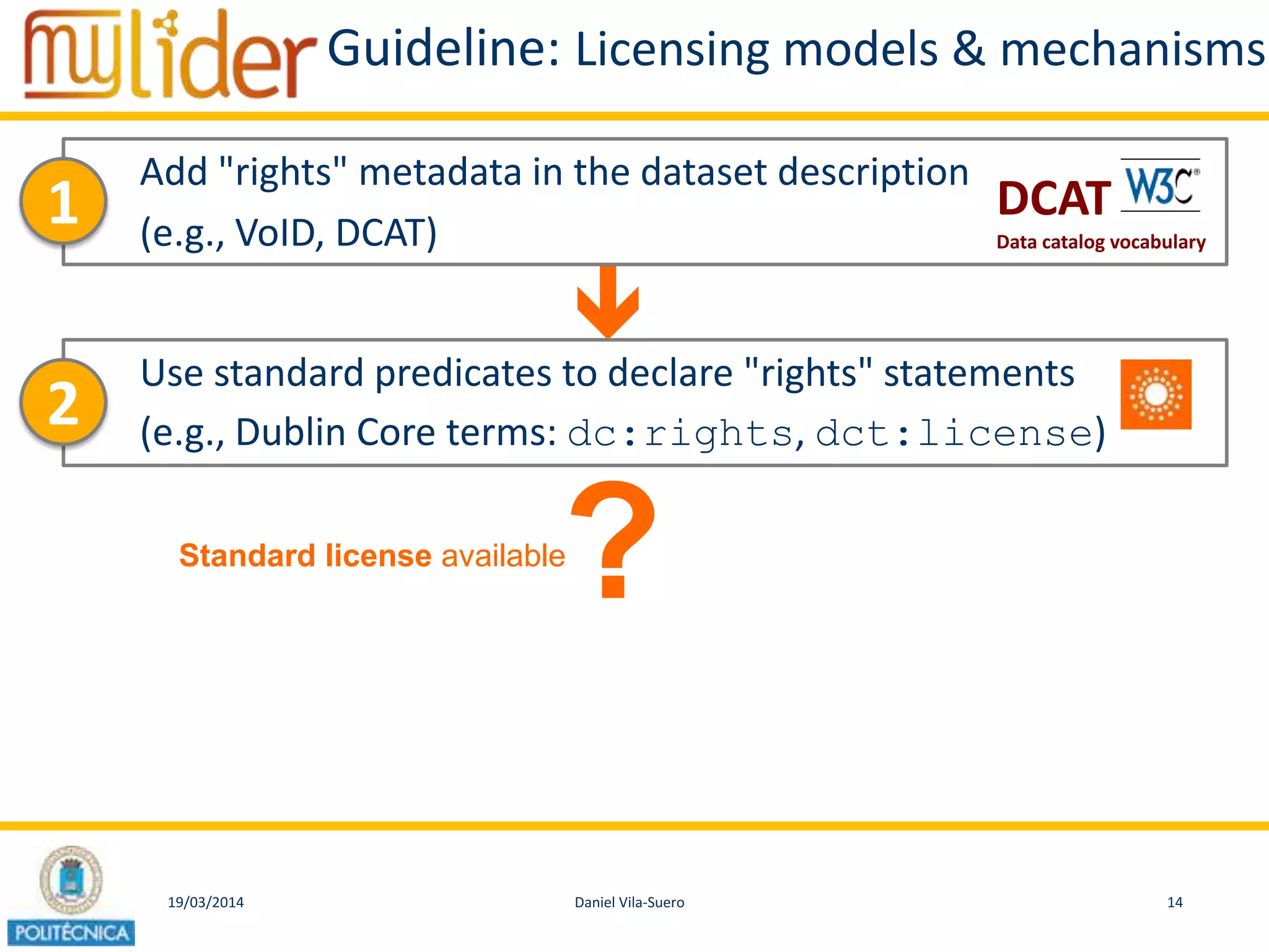 19/03/2014 14Daniel Vila-Suero

Guideline: Licensing models & mechanisms
Add "rights" metadata in the dataset description
(e.g., VoID, DCAT)
1
Use standard predicates to declare "rights" statements
(e.g., Dublin Core terms: dc:rights, dct:license)2
?
3a
Standard license available
DCAT
Data catalog vocabulary
 