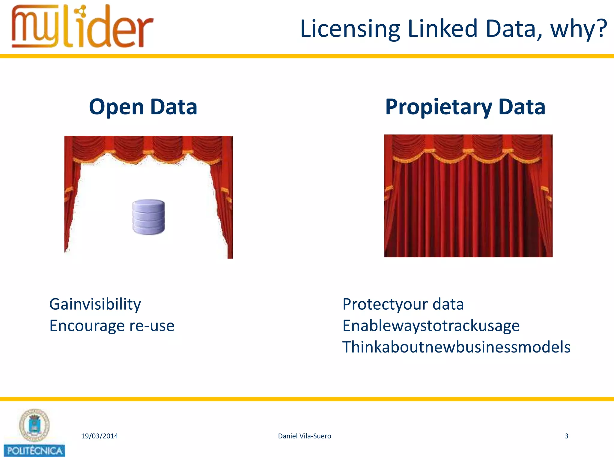 19/03/2014 3Daniel Vila-Suero
Licensing Linked Data, why?
Open Data Propietary Data
Gainvisibility
Encourage re-use
Protectyour data
Enablewaystotrackusage
Thinkaboutnewbusinessmodels
 