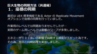 巨大生物の同期方法（共通編）
１．座標の同期
最初は UE4 標準機能である Actor の Replicate Movement
オプションで座標の同期を行っていました。
作業用のレベルでは問題ありませんでしたが…
実際のゲーム用レベルでは座標のワープが多発しました。
エネミーが１００体いる影響で同期する頻度が下がった為です。
その為、独自の同期処理を実装しました。
©2003-2021 D3 PUBLISHER ©2003-2017 SANDLOT ©2019-2021 YUKE'S
 