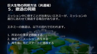 巨大生物の同期方法（共通編）
５．撤退の同期
ミッション中に倒すことが出来ないエネミーが、ミッションの
進行にあわせて撤退する場合があります。
エネミーの撤退は、以下の流れで行われます。
1. 所定の位置まで移動する
2. 撤退アニメーション再生する
3. 再生後に死亡ステートに遷移する
©2003-2021 D3 PUBLISHER ©2003-2017 SANDLOT ©2019-2021 YUKE'S
 