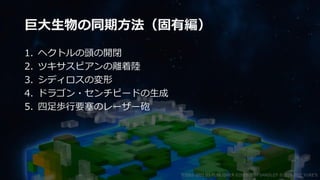 巨大生物の同期方法（固有編）
1. ヘクトルの頭の開閉
2. ツキサスピアンの離着陸
3. シディロスの変形
4. ドラゴン・センチピードの生成
5. 四足歩行要塞のレーザー砲
©2003-2021 D3 PUBLISHER ©2003-2017 SANDLOT ©2019-2021 YUKE'S
 