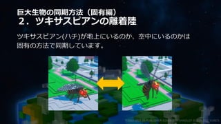 巨大生物の同期方法（固有編）
２．ツキサスピアンの離着陸
ツキサスピアン(ハチ)が地上にいるのか、空中にいるのかは
固有の方法で同期しています。
©2003-2021 D3 PUBLISHER ©2003-2017 SANDLOT ©2019-2021 YUKE'S
 