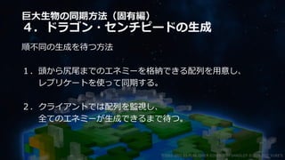 巨大生物の同期方法（固有編）
４．ドラゴン・センチピードの生成
順不同の生成を待つ方法
１．頭から尻尾までのエネミーを格納できる配列を用意し、
レプリケートを使って同期する。
２．クライアントでは配列を監視し、
全てのエネミーが生成できるまで待つ。
©2003-2021 D3 PUBLISHER ©2003-2017 SANDLOT ©2019-2021 YUKE'S
 