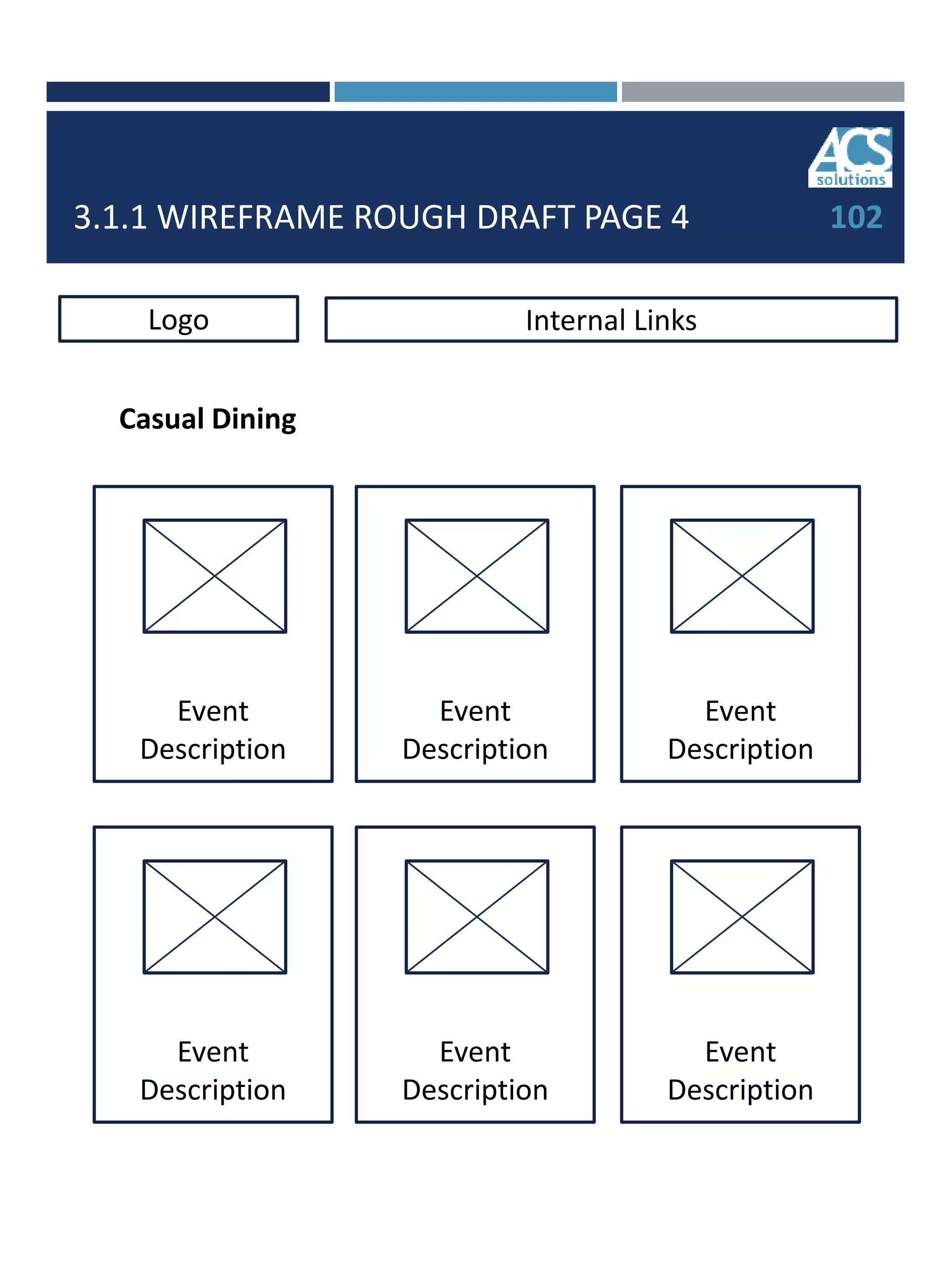 3.1.1 WIREFRAME ROUGH DRAFT PAGE 4 102
Internal LinksLogo
Casual Dining
Event
Description
Event
Description
Event
Description
Event
Description
Event
Description
Event
Description
 