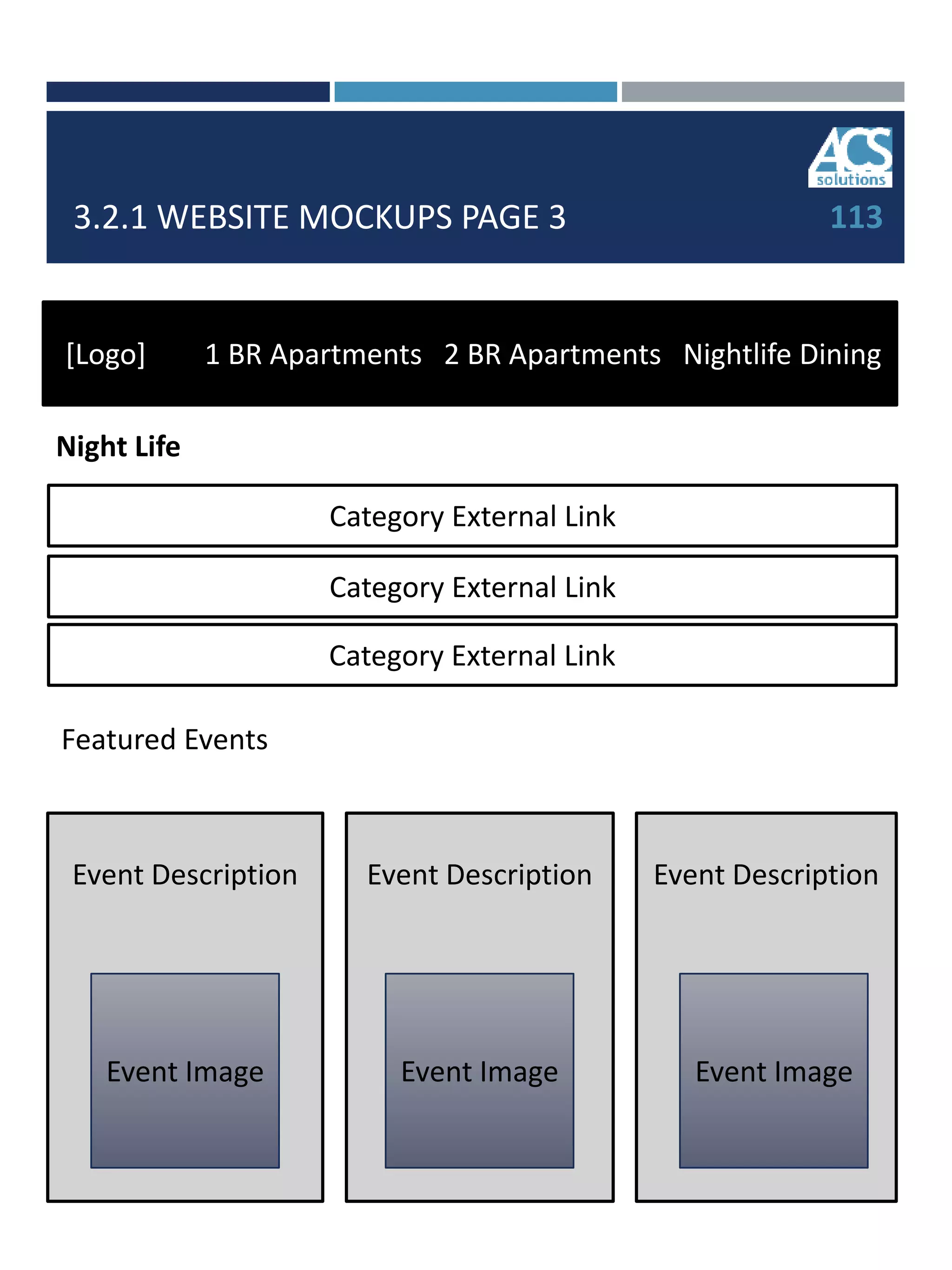 3.2.1 WEBSITE MOCKUPS PAGE 3 113
[Logo] 1 BR Apartments 2 BR Apartments Nightlife Dining
Event Description
Night Life
Event Image
Category External Link
Featured Events
Category External Link
Category External Link
Event Description
Event Image
Event Description
Event Image
 