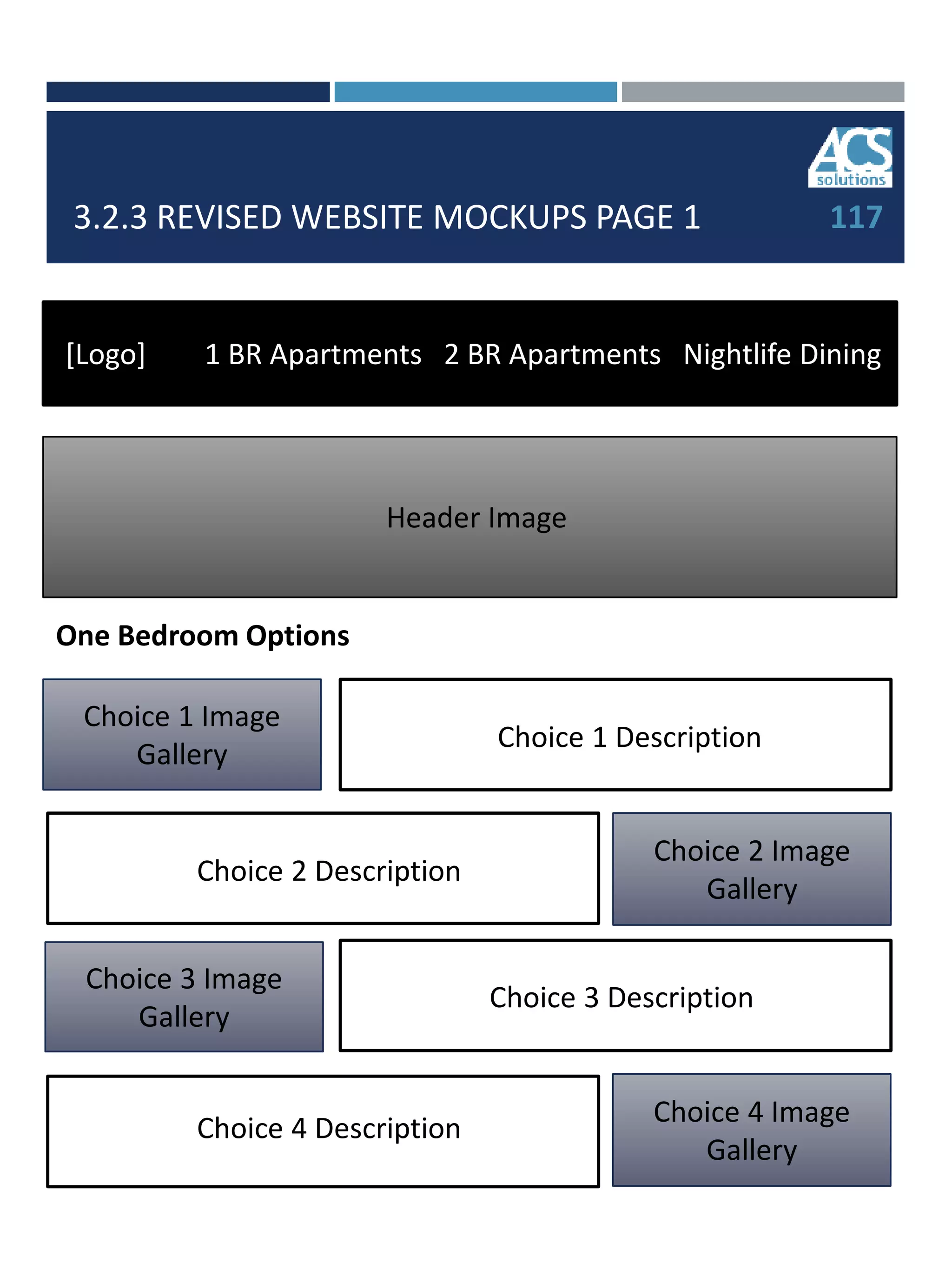 3.2.3 REVISED WEBSITE MOCKUPS PAGE 1 117
[Logo] 1 BR Apartments 2 BR Apartments Nightlife Dining
Header Image
Choice 1 Image
Gallery
Choice 2 Image
Gallery
Choice 3 Image
Gallery
Choice 4 Image
Gallery
One Bedroom Options
Choice 2 Description
Choice 3 Description
Choice 4 Description
Choice 1 Description
 