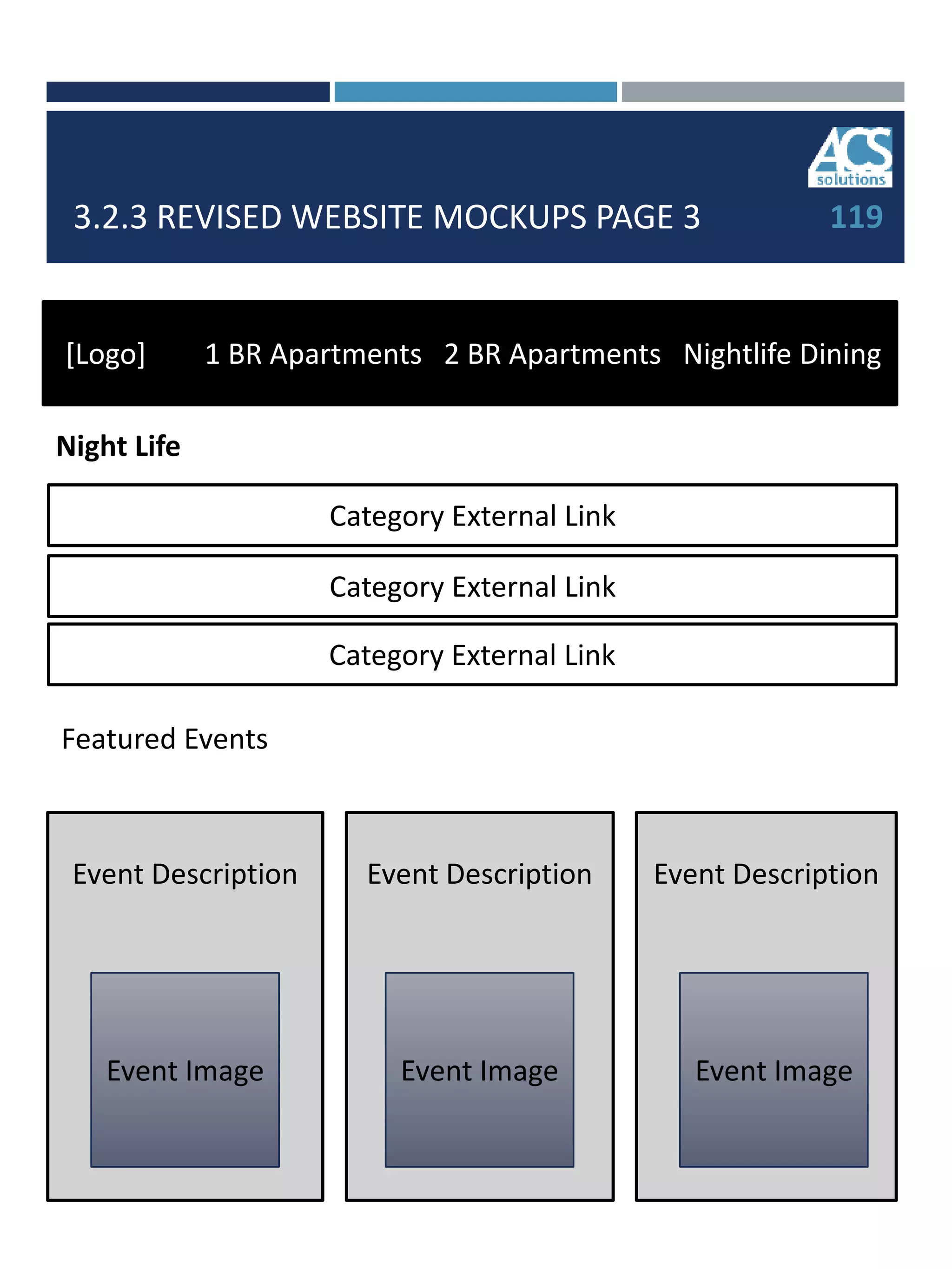 3.2.3 REVISED WEBSITE MOCKUPS PAGE 3 119
[Logo] 1 BR Apartments 2 BR Apartments Nightlife Dining
Event Description
Night Life
Event Image
Category External Link
Featured Events
Category External Link
Category External Link
Event Description
Event Image
Event Description
Event Image
 
