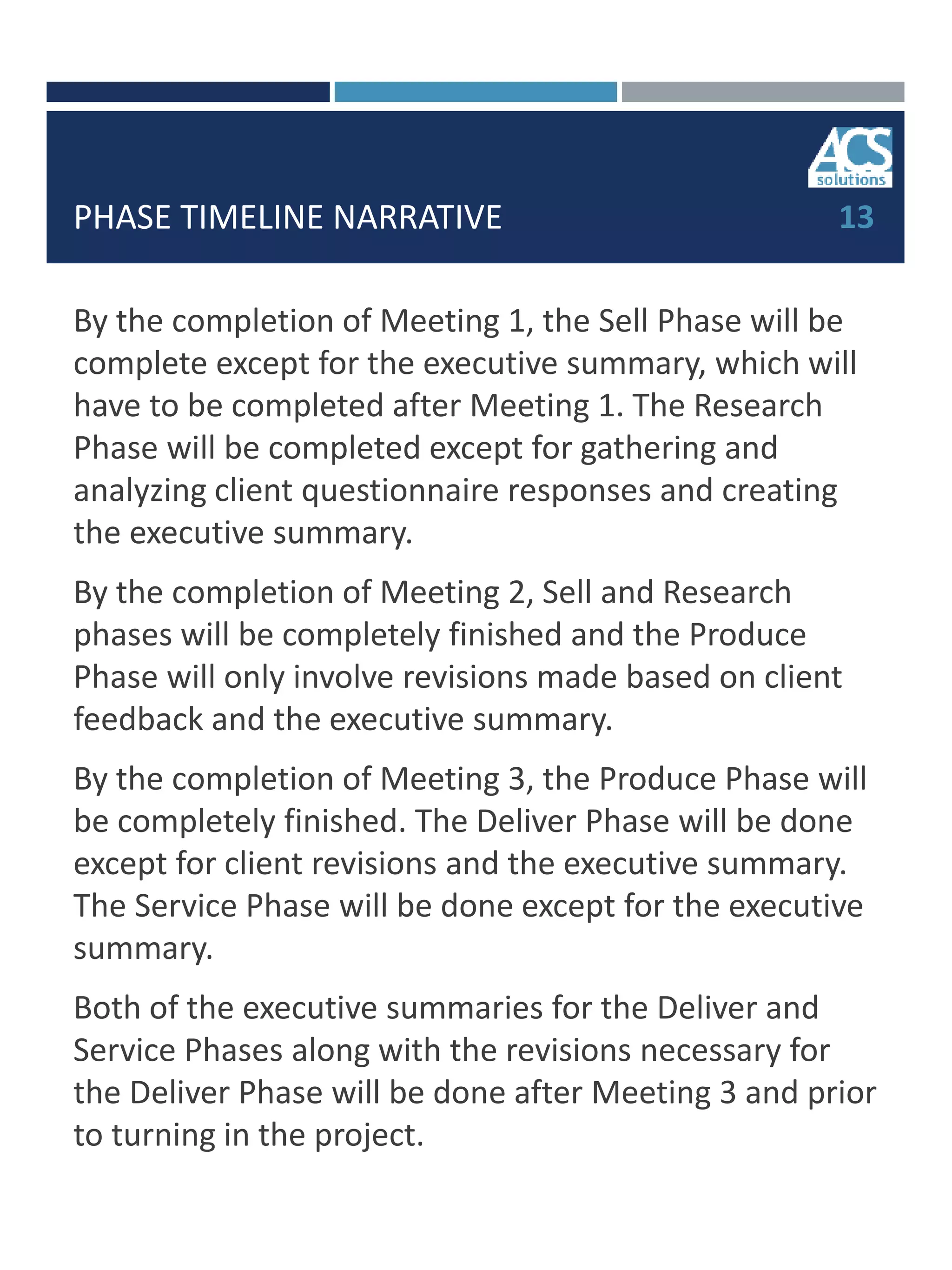 PHASE TIMELINE NARRATIVE
By the completion of Meeting 1, the Sell Phase will be
complete except for the executive summary, which will
have to be completed after Meeting 1. The Research
Phase will be completed except for gathering and
analyzing client questionnaire responses and creating
the executive summary.
By the completion of Meeting 2, Sell and Research
phases will be completely finished and the Produce
Phase will only involve revisions made based on client
feedback and the executive summary.
By the completion of Meeting 3, the Produce Phase will
be completely finished. The Deliver Phase will be done
except for client revisions and the executive summary.
The Service Phase will be done except for the executive
summary.
Both of the executive summaries for the Deliver and
Service Phases along with the revisions necessary for
the Deliver Phase will be done after Meeting 3 and prior
to turning in the project.
13
 