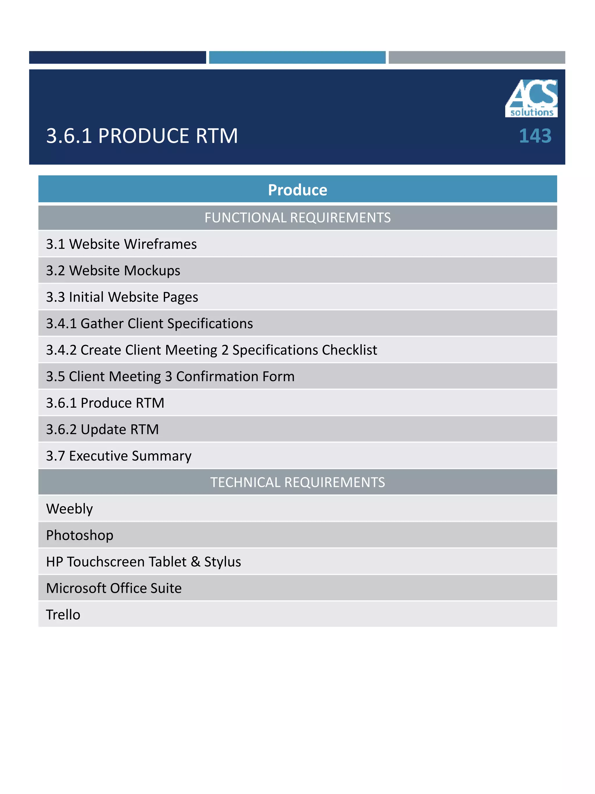 3.6.1 PRODUCE RTM
Produce
FUNCTIONAL REQUIREMENTS
3.1 Website Wireframes
3.2 Website Mockups
3.3 Initial Website Pages
3.4.1 Gather Client Specifications
3.4.2 Create Client Meeting 2 Specifications Checklist
3.5 Client Meeting 3 Confirmation Form
3.6.1 Produce RTM
3.6.2 Update RTM
3.7 Executive Summary
TECHNICAL REQUIREMENTS
Weebly
Photoshop
HP Touchscreen Tablet & Stylus
Microsoft Office Suite
Trello
143
 