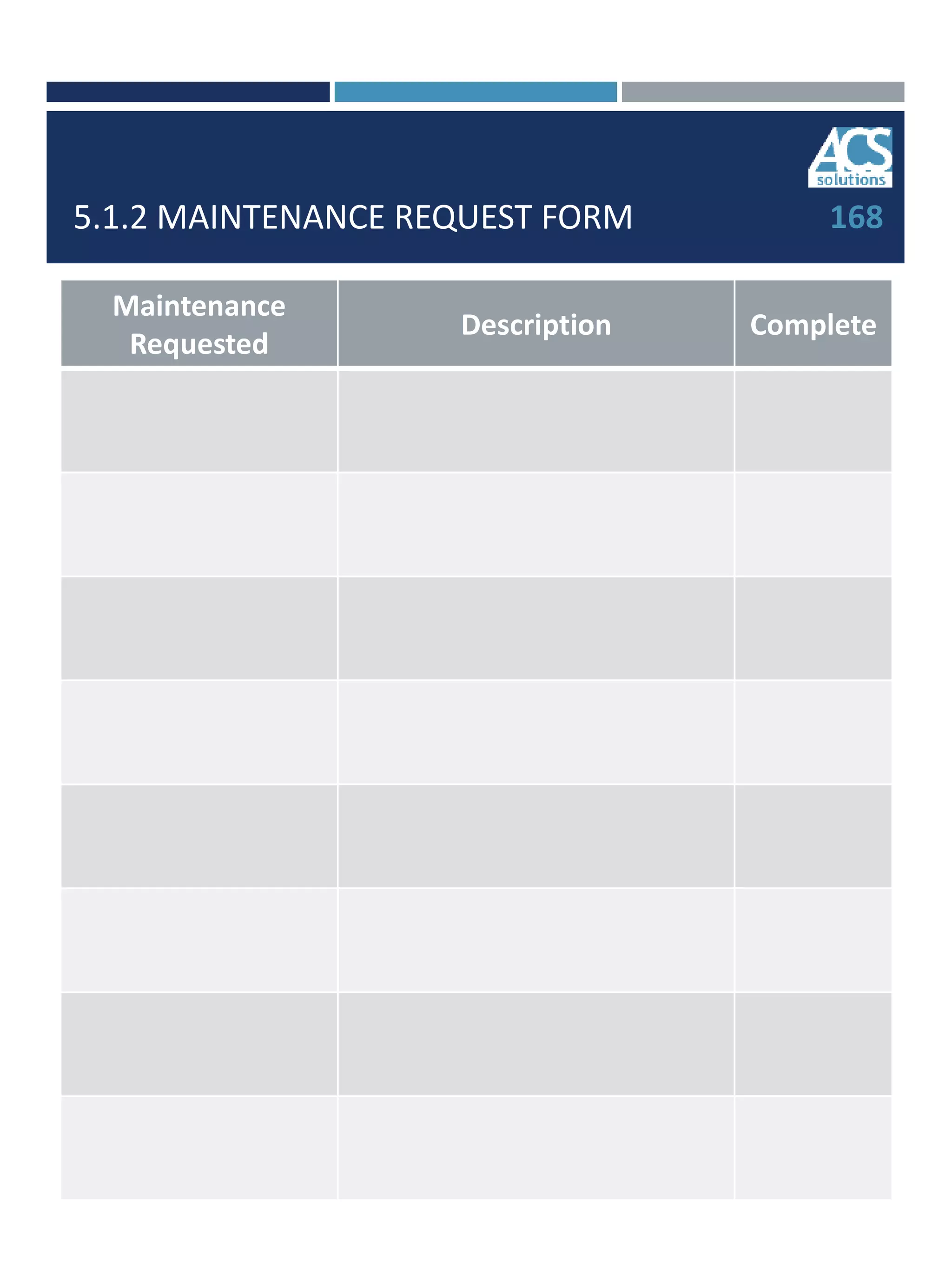 5.1.2 MAINTENANCE REQUEST FORM
Maintenance
Requested
Description Complete
168
 
