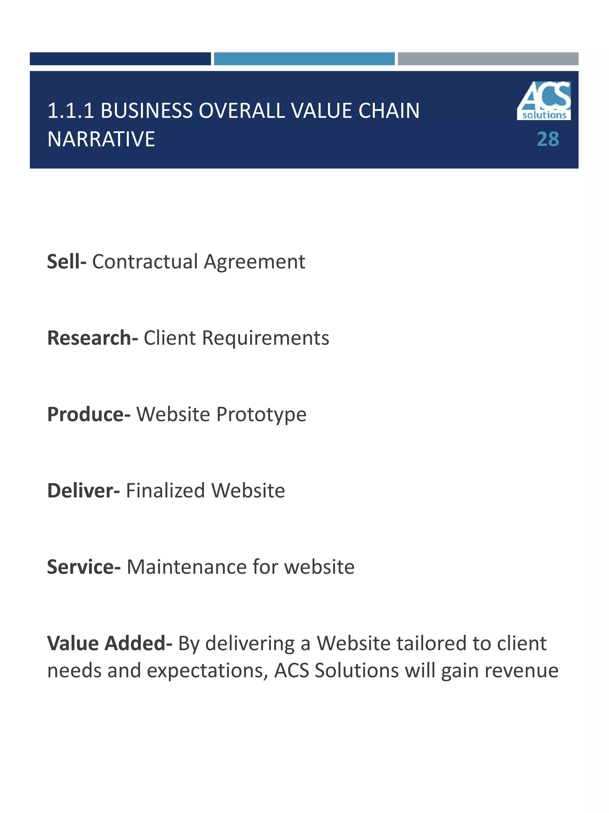 1.1.1 BUSINESS OVERALL VALUE CHAIN
NARRATIVE
Sell- Contractual Agreement
Research- Client Requirements
Produce- Website Prototype
Deliver- Finalized Website
Service- Maintenance for website
Value Added- By delivering a Website tailored to client
needs and expectations, ACS Solutions will gain revenue
28
 