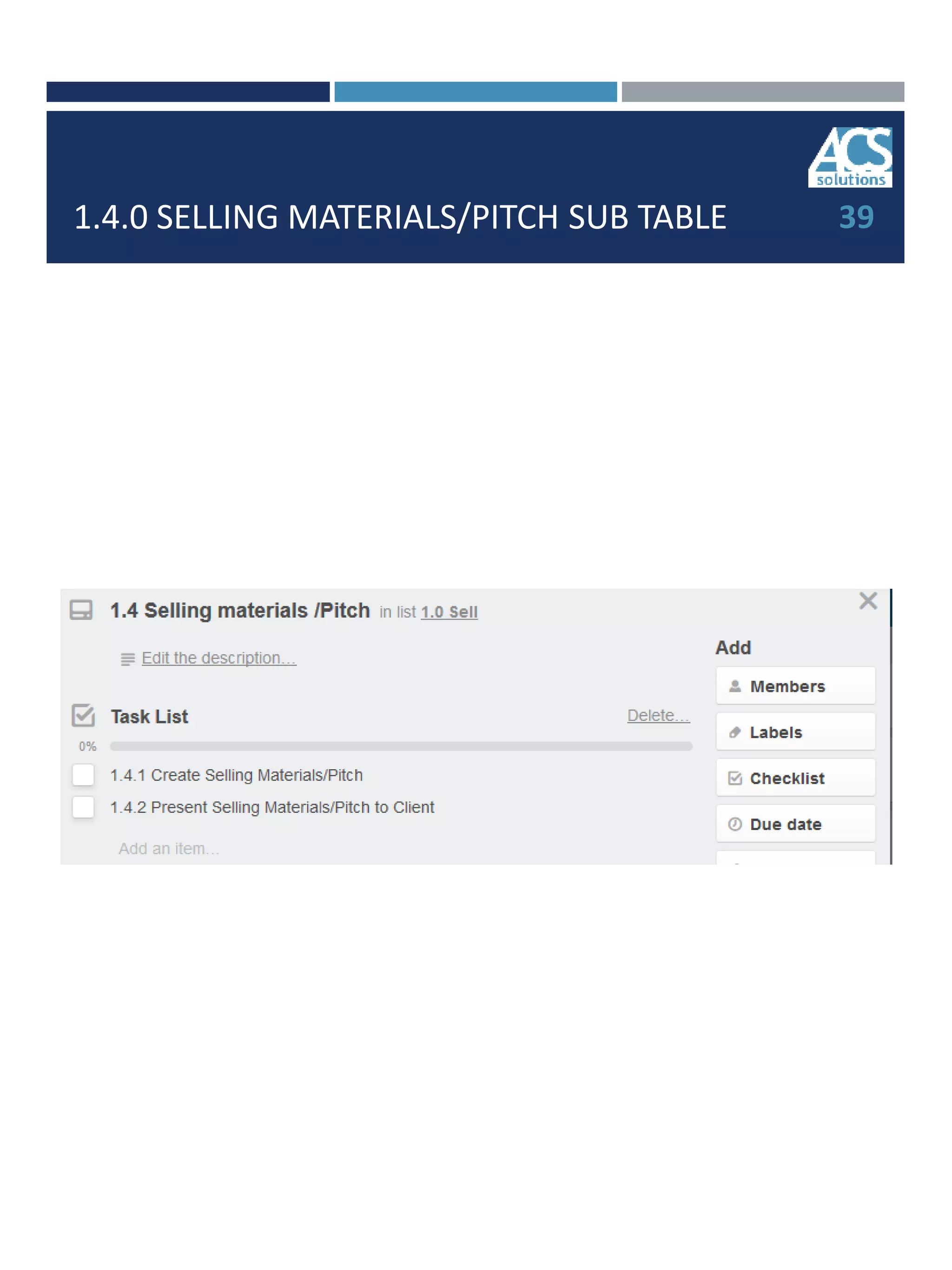 1.4.0 SELLING MATERIALS/PITCH SUB TABLE 39
 