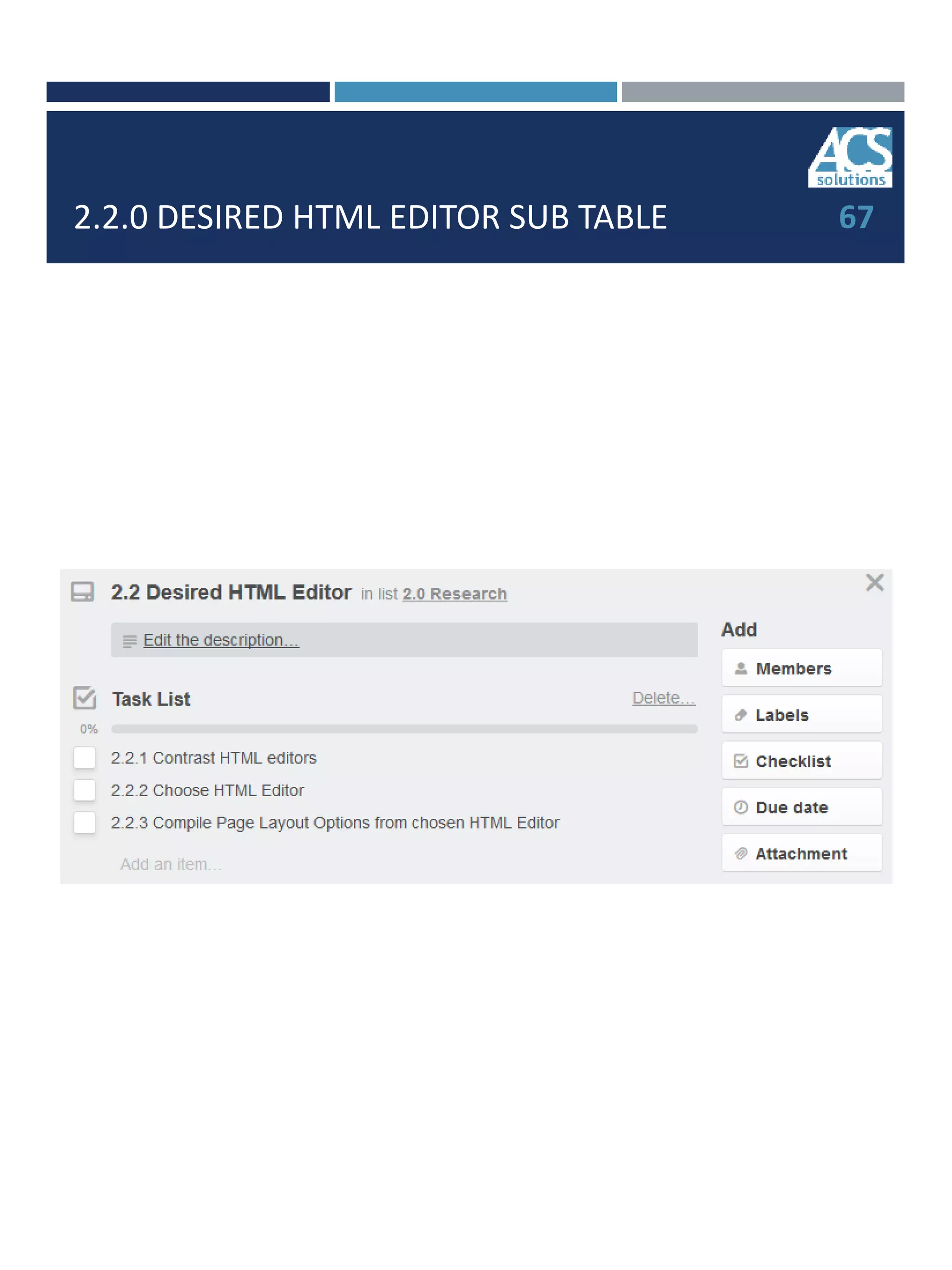2.2.0 DESIRED HTML EDITOR SUB TABLE 67
 