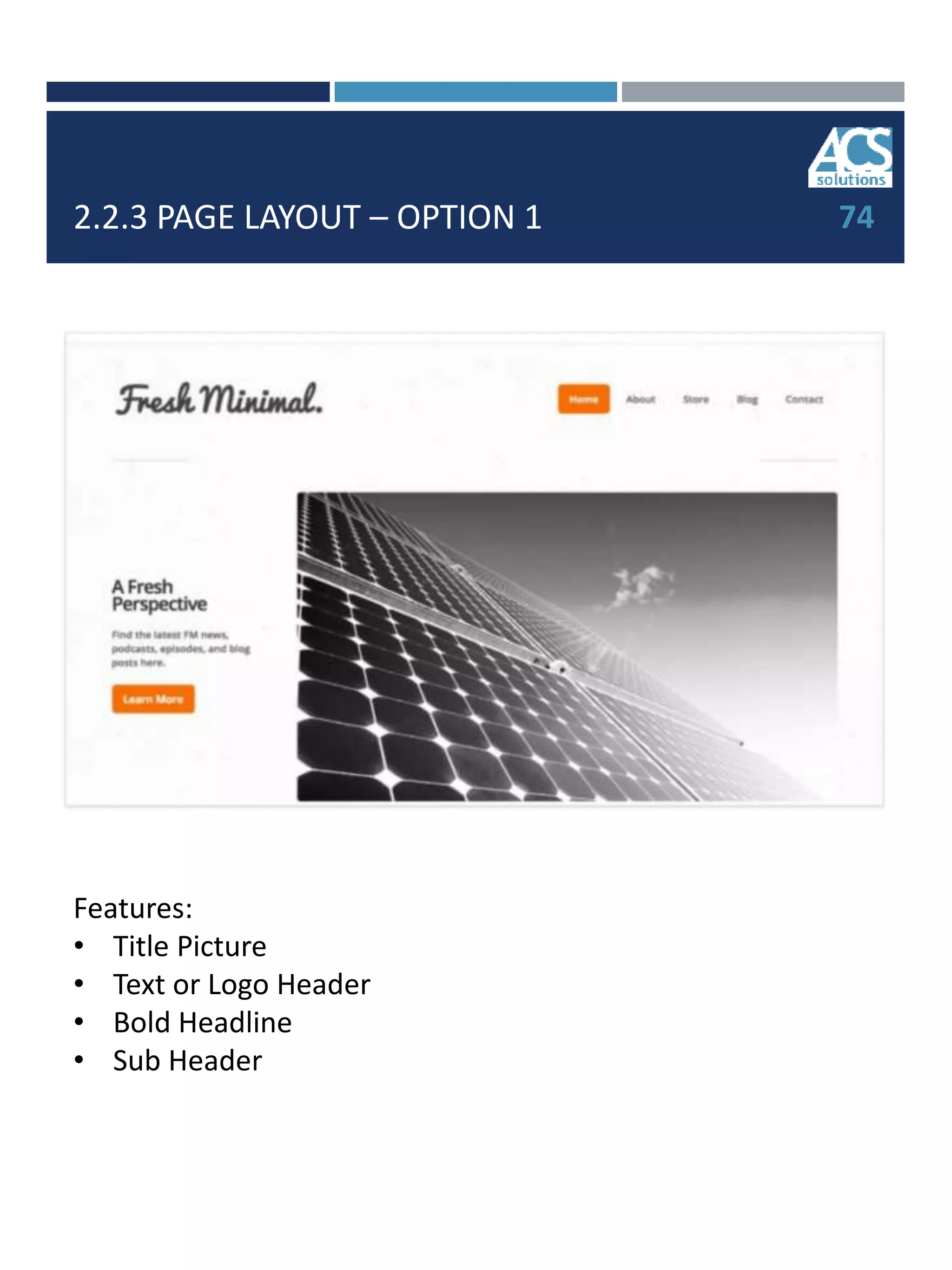 2.2.3 PAGE LAYOUT – OPTION 1 74
Features:
• Title Picture
• Text or Logo Header
• Bold Headline
• Sub Header
 