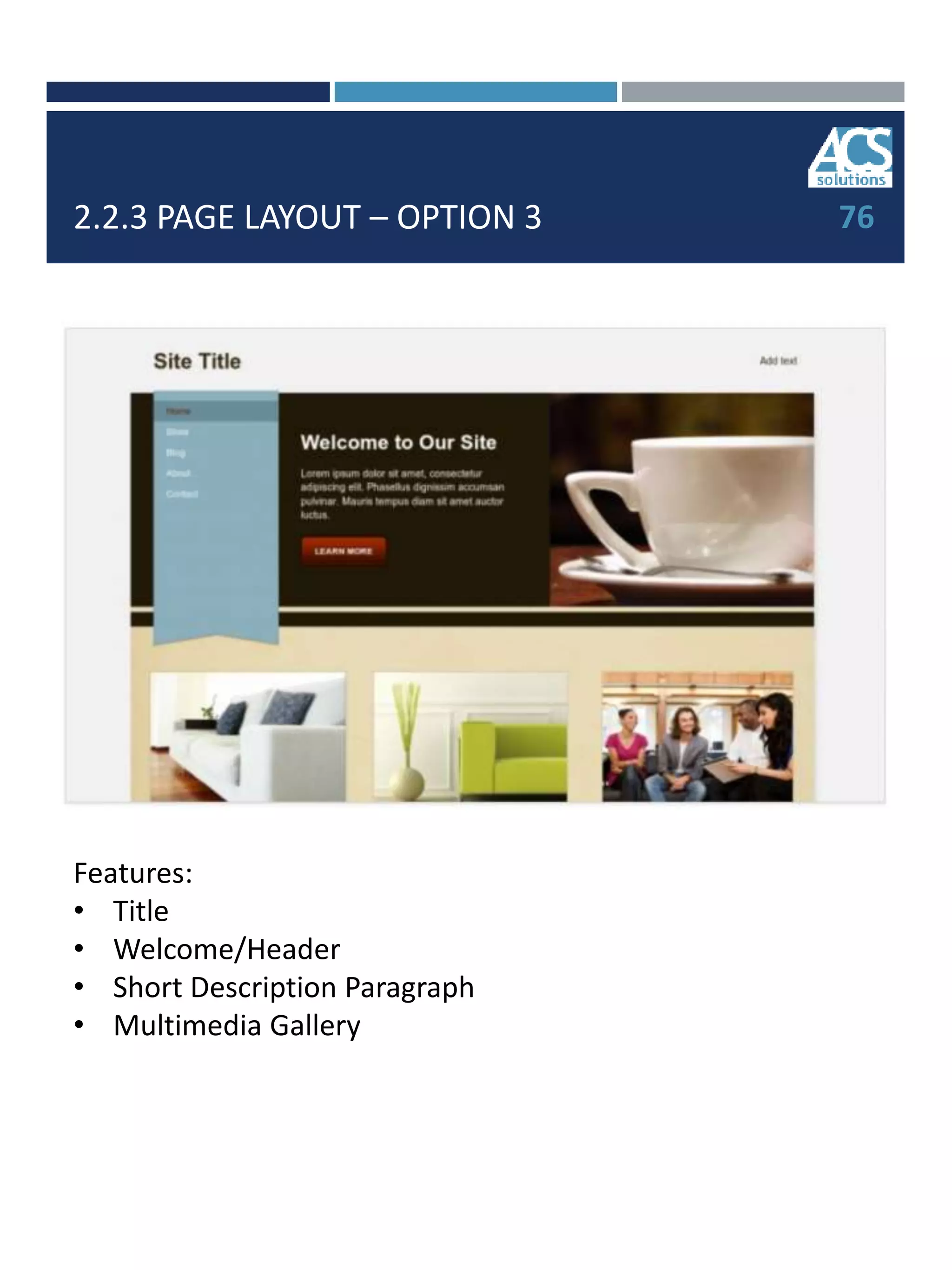2.2.3 PAGE LAYOUT – OPTION 3 76
Features:
• Title
• Welcome/Header
• Short Description Paragraph
• Multimedia Gallery
 