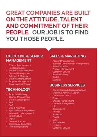 GREAT COMPANIES ARE BUILT
ON THE ATTITUDE, TALENT
AND COMMITMENT OF THEIR
PEOPLE. OUR JOB IS TO FIND
YOU THOSE PEOPLE.
EXECUTIVE & SENIOR
MANAGEMENT
•	 C Level Appointments
•	 People & Culture
•	 Business Transformation
•	 General Management
•	 Advisory & Strategy
•	 Business Improvement
•	 Program Management
•	 Organisational Change
TECHNOLOGY
•	 Projects & Delivery
•	 Change Management
•	 Business Intelligence
•	 ERP
•	 SAP
•	 Data & Analytics
•	 Applications Management
•	 Information Management
•	 Infrastructure
•	 Digital
•	 Communications
•	 Operational Technology
•	 Remote Operations
SALES & MARKETING
•	 Account Management
•	 Business Development Management
•	 Sales Executive
•	 Product Management
•	 Customer Service
•	 Service Delivery
•	 Digital
•	 Strategy
BUSINESS SERVICES
•	 Administration & Business Support
•	 Executive Admin & Support
•	 Document Control
•	 Projects
•	 Change Management
•	 Contract Management
•	 HR
•	 Recruitment
•	 Finance
•	 Accounts
•	 Payroll
•	 Legal
•	 Procurement
•	 Logistics
•	 Customer Service
 