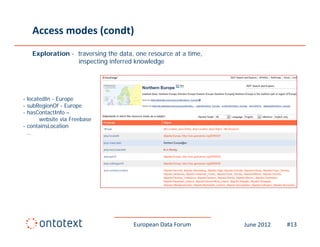 Access modes (condt)
   Exploration - traversing the data, one resource at a time,
                 inspecting inferred knowledge




- locatedIn - Europe
- subRegionOf - Europe
        g             p
- hasContactInfo –
       website via Freebase
- containsLocation
  …




                                     European Data Forum        June 2012   #13
 