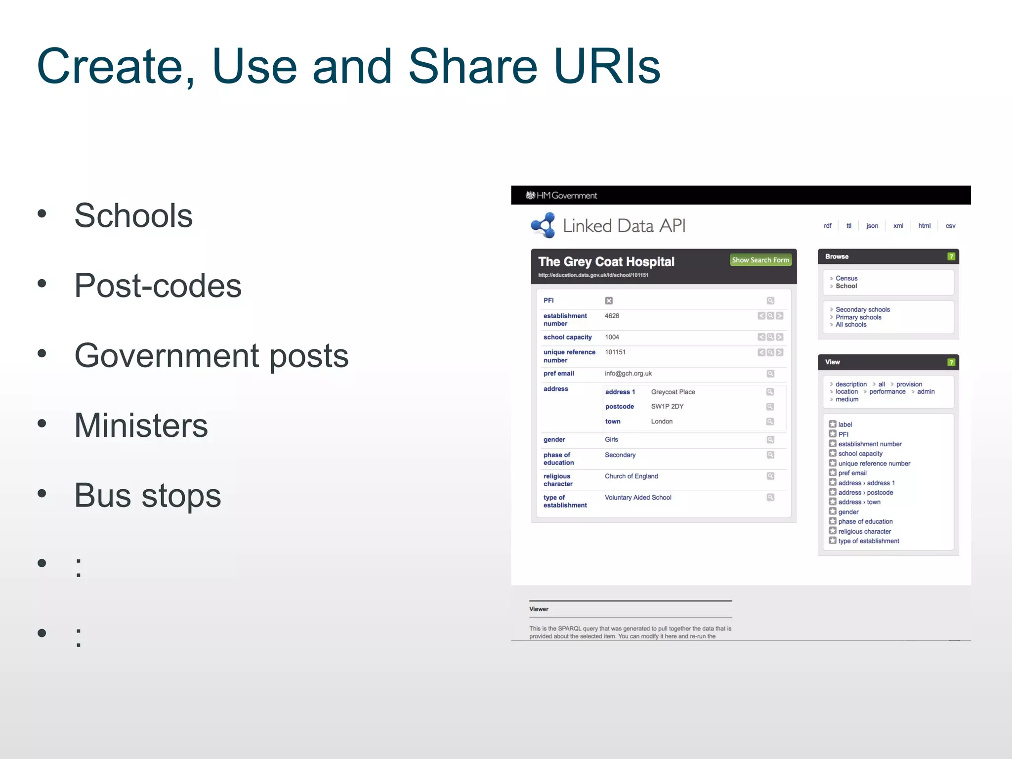 Create, Use and Share URIs

• Schools

• Post-codes

• Government posts

• Ministers

• Bus stops

• :

• :
 