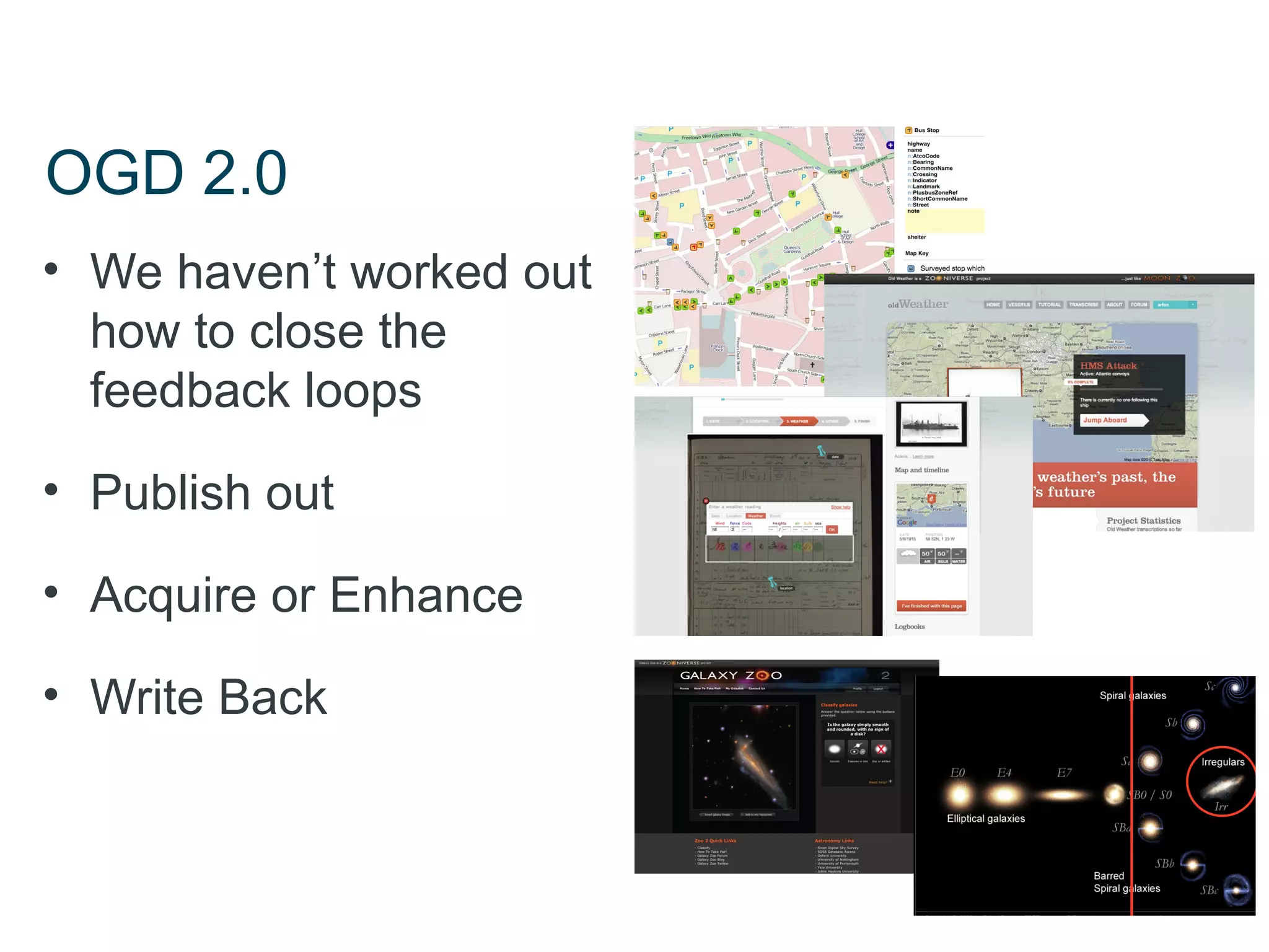 OGD 2.0
• We haven’t worked out
  how to close the
  feedback loops

• Publish out

• Acquire or Enhance

• Write Back
 